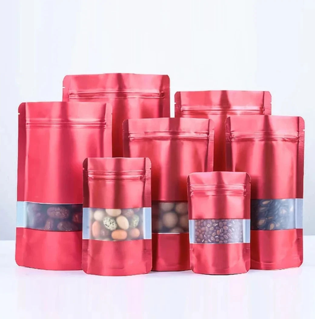 Food packaging red zipper pouch with window